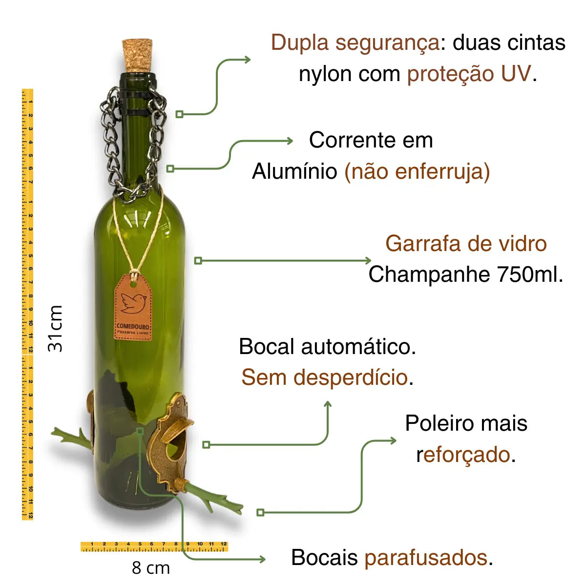 KIT 4 Comedouros Pássaros Livres 2 Champanhe Verde e Branco e 2 Vinho Verde e Branco
