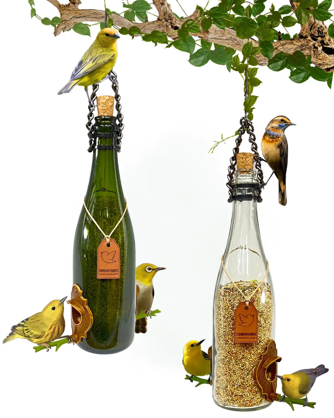 Kit 2 Comedouros Pássaros Champanhe Verde e Branca